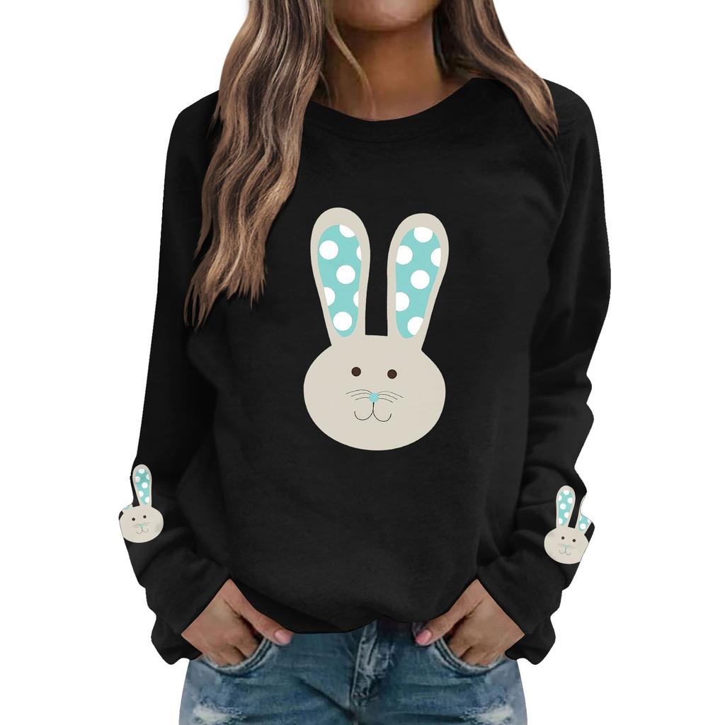 Женская мода повседневная толстовка с длинным рукавом и круглым вырезом с принтом пасхального кролика