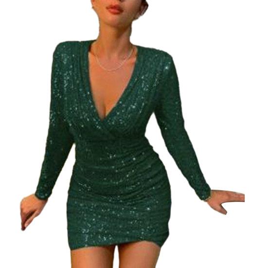 Женское праздничное платье с блестящими пайетками и глубоким вырезом с V-образным вырезом и длинным рукавом, облегающее платье-футляр, мягкое плиссированное мини-платье длиной выше колена, выпускное банкетное вечернее платье