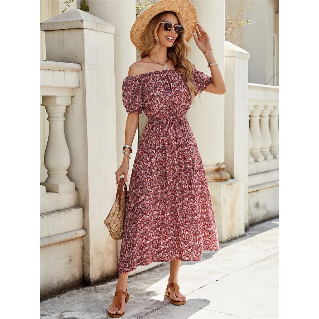 Летнее новое цветочное платье на одно плечо с коротким рукавом, праздничное платье с большой талией