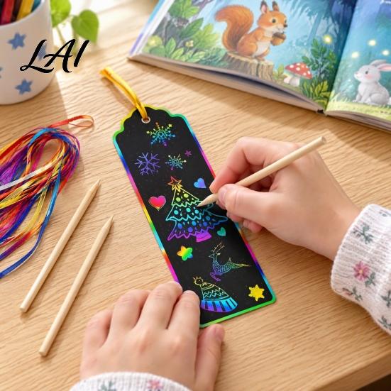 Paper Crafts for Holiday Gifts 12PCS Scratch Art Bookmarks Thick White Cardboard Creative Rainbow Drawing Paper DIY Magic Artistic Tool Kids