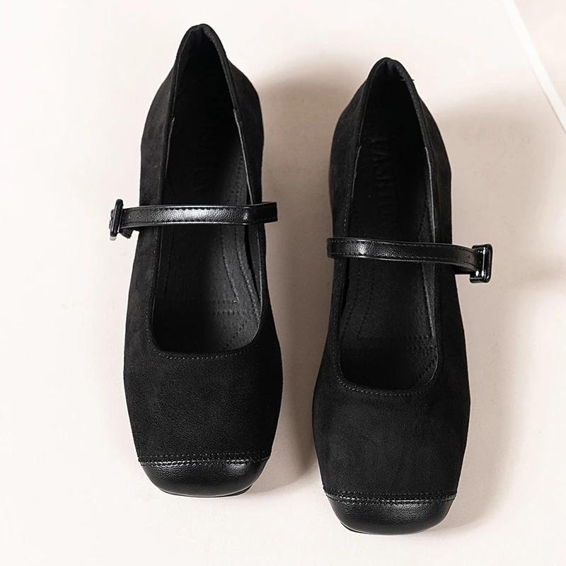 New fairy style square toe versatile Mary Jane shoes for women with thick heels and a single button with suede sole