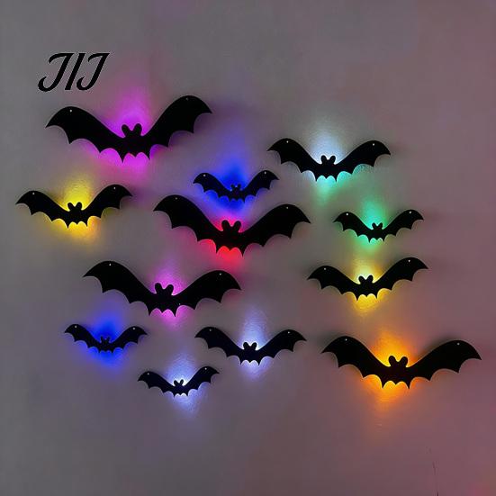 Scary Entrance Decor Halloween 3D Lighted Bat Wall Decor, Removable Felt Bats Stickers, Assorted Mounted Adornments Size, LED Glowing Clings