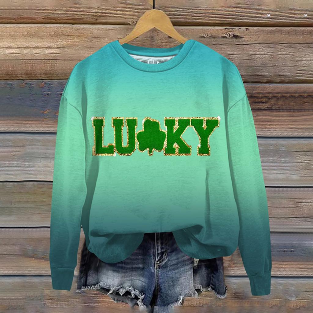 Women's Loose Casual St. Patrick's Day Printed Round Neck Long Sleeved Sweatshirt, Fashionable Long Sleeved Top