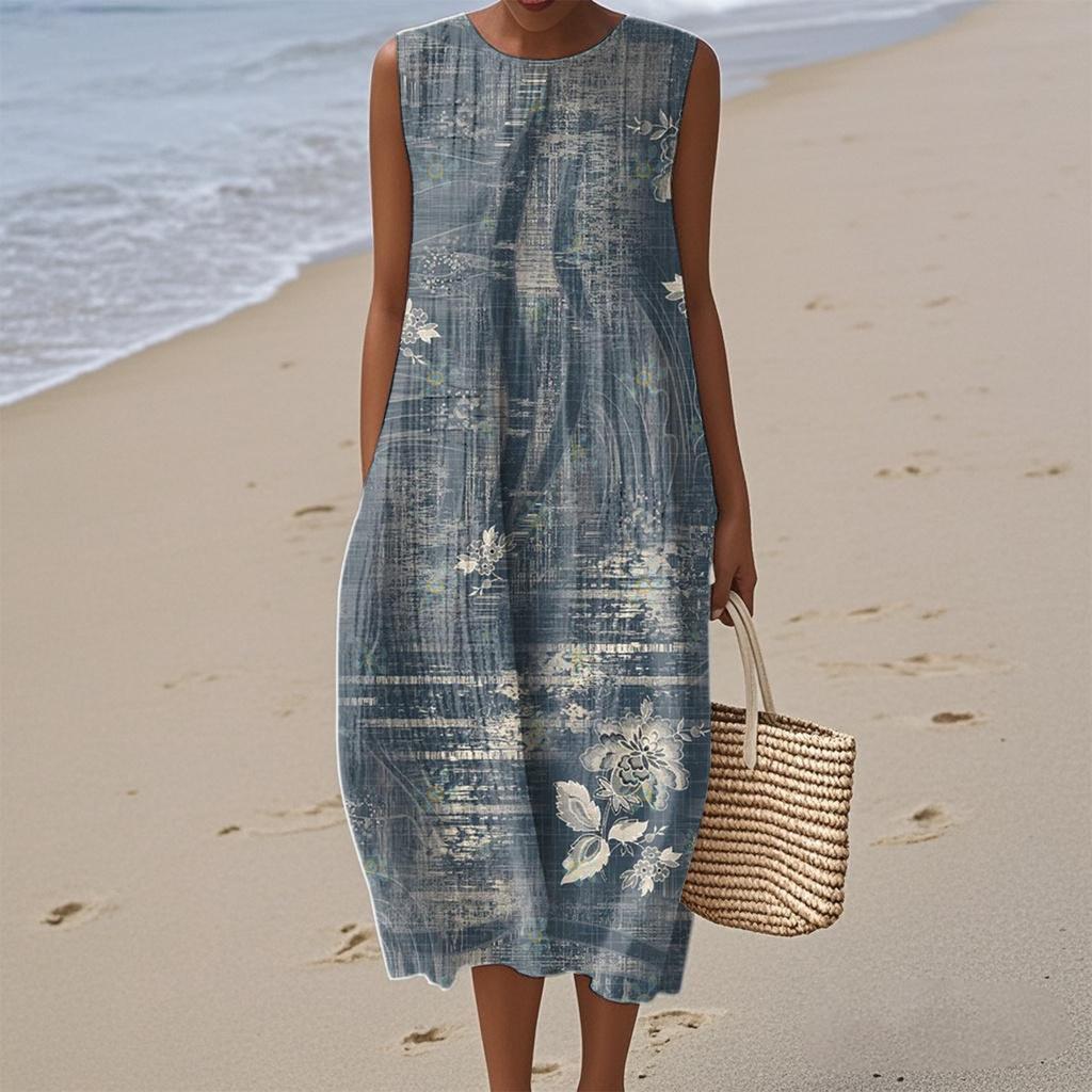 Женское модное повседневное платье без рукавов с круглым вырезом и цветочным принтом, элегантное, темпераментное