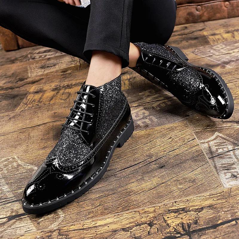 Весна Осень мода МУЖСКИЕ повседневные кожаные туфли Оксфорд классический дизайн мужские черные золотистые высокие деловые официальные ботильоны
