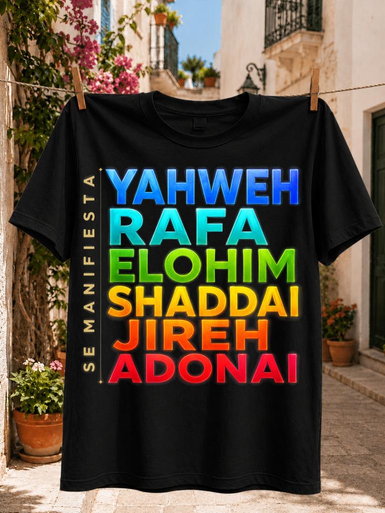 Yahweh Rafa Elohim Shaddai Jireh Adonai Names of God Glowing Rainbow Faith Typography Religious Unisex All TShirt
