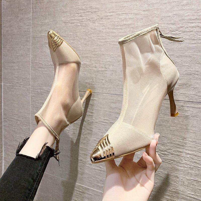 Женские босоножки, летние, новые, с металлической цепочкой и сексуальными черными холодными ботинками, на высоком каблуке, сандалии с застежкой-молнией и закрытым задником, ПУ, туфли для вечеринок, с заостренным носком