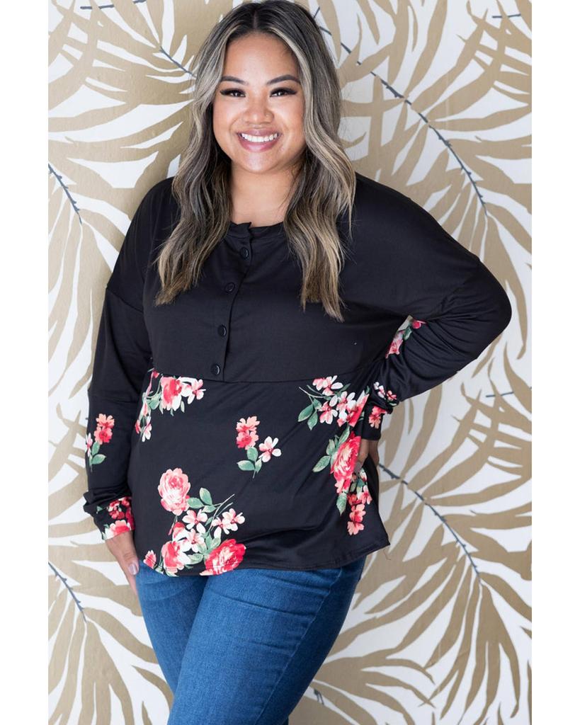 Azura Exchange Black Plus Size Floral Printed Splicing Half Button Top