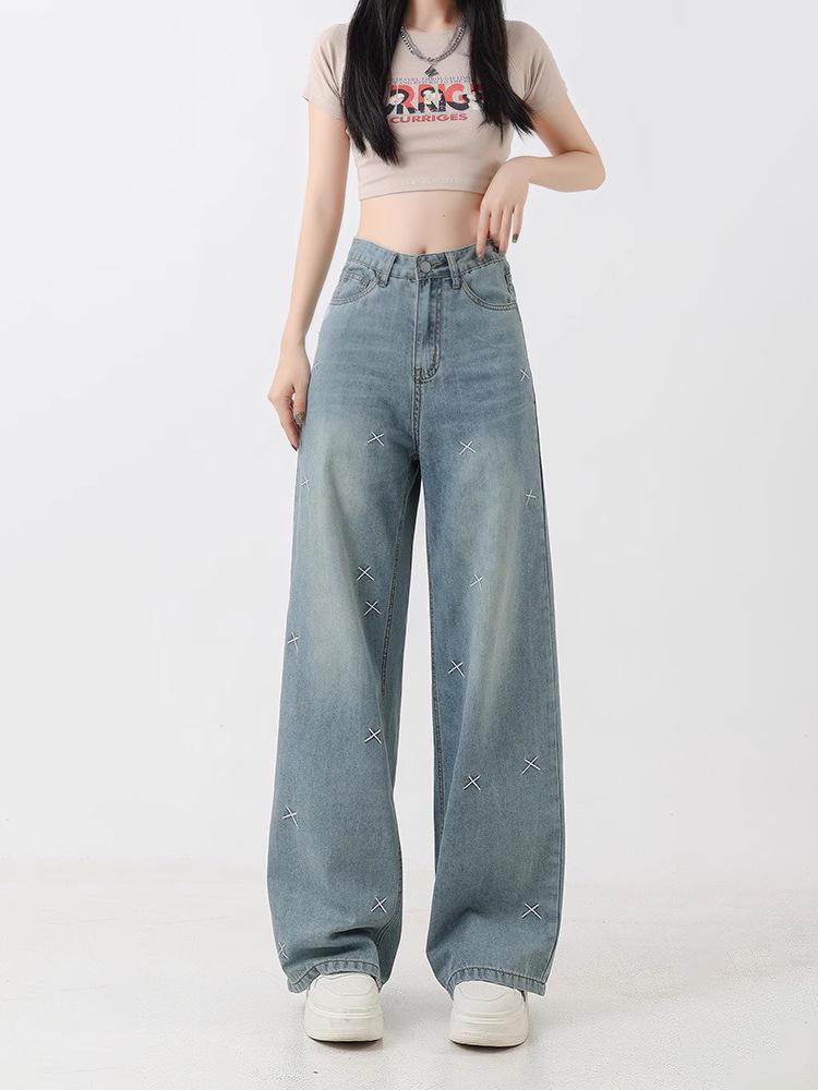 Женские джинсы с широкими штанинами, легкой вышивкой, высокой посадкой - больших размеров, облегающие