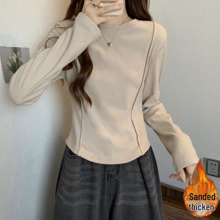 Женская короткая футболка из немецкого велюра, 260 г, изогнутой формы, с длинным рукавом, с начесом с внутренней стороны для осени/зимы.