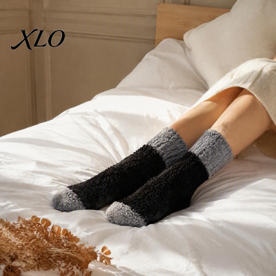 Winter Cold Feet Relief Thickened Long Plush Socks for Women, Warm Coral Fleece Socks, Calf Thermal Sleep Anti-static Contrast Color Indoor