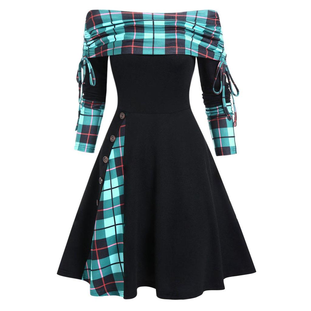 Платье с трансформируемым вырезом в полоску и расклешенным силуэтом с длинными рукавами для женщин