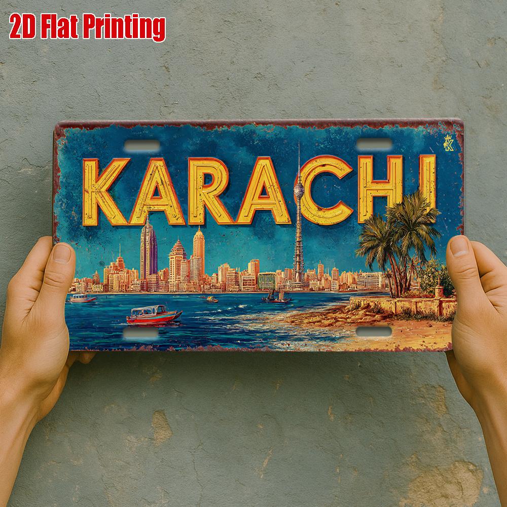 D Flat pc Karachi Cityscape Metal Sign Outdoor Plaque Wall Decor Suitable for Rooms Entryways Literary Cafes
