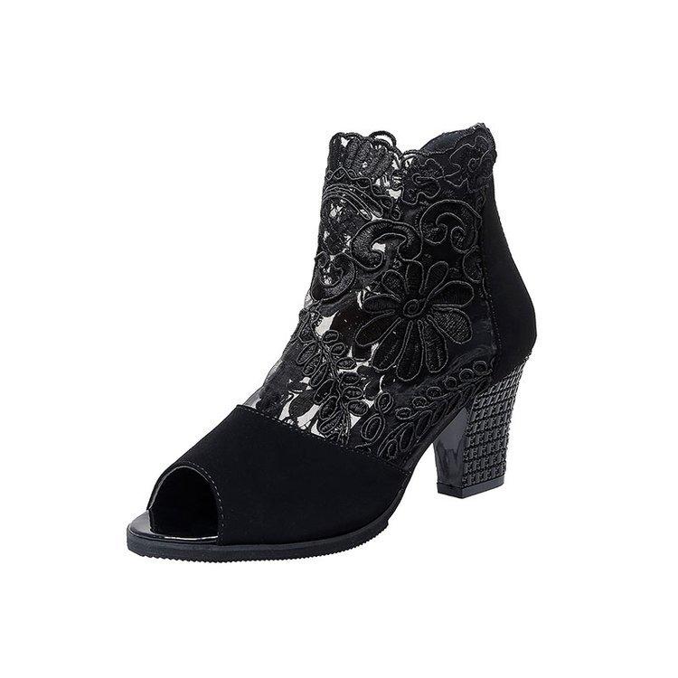 Женские летние и осенние новые сетчатые полые сандалии с рыбьим носком, большого размера, на толстом каблуке, дышащие, кружевные туфли на высоком каблуке