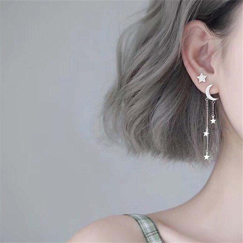 925 Sterling Silver Asymmetry Star Moon Drop Earring For Women Brincos Pendientes Femme Earrings Jewelry Eh384
