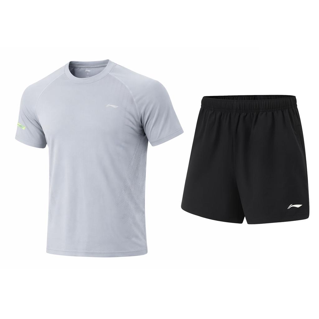 Li-Ning Модная Универсальная Футболка с Круглым Вырезом и Коротким Рукавом Быстросохнущая Дышащая Пятиточечные Шорты Для Бега Фитнеса Тренировок Повседневный Спортивный Костюм AATW013-3