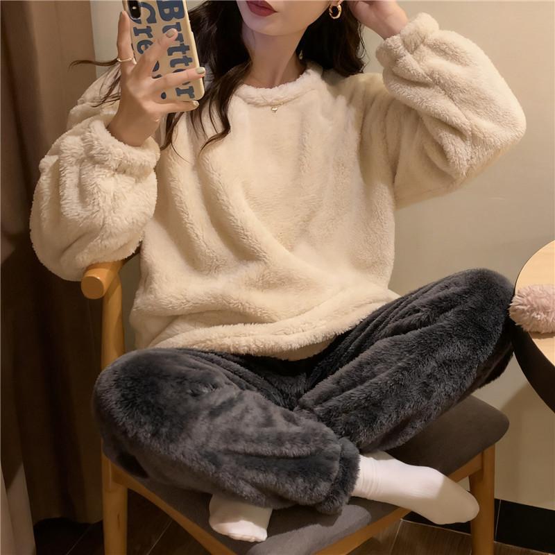 Winter Fleece Women Pajamas Set Sleepwear Solid Velvet 2 Piece Pant Home Suit Fluffy Casual Warm Flannel Night Wear