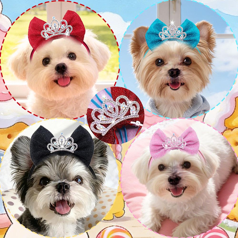 20PCS Diamonds Dog Hair Bows Elastic Bands Crown Shape Luxury Small Dog Head Bows Puppy Grooming Accessories For Dogs and Cats