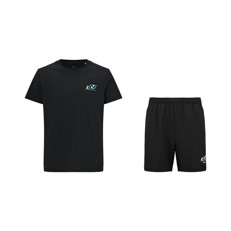 Li Ning College Style Однотонный Дышащий Прохладный Комплект для Повседневной Спортивной Одежды с Коротким Рукавом и Шортами, Устойчивый к Загрязнениям, Унисекс, Черный ATSV607-1+AKSV675-1