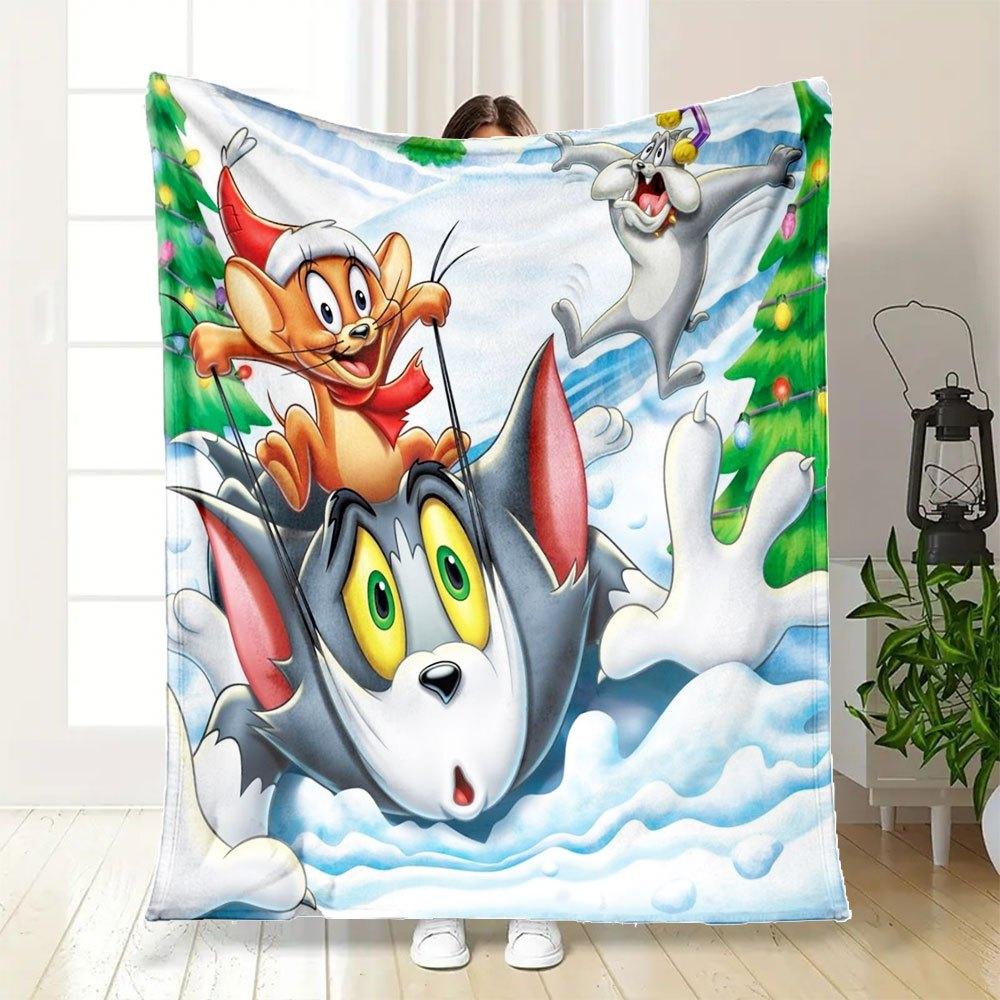 Tom & Jerry Christmas Holiday Poster PrintBlanket Flannel Throw Blanket for Sofa, Bed, Travel, Camping, Office