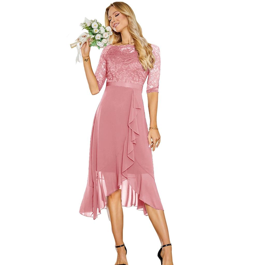 Женские платья с открытыми плечами, цветочный кружевной топ, шифоновая юбка, рукава 3/4, пояс, выпускной вечер, подружка невесты, свадебный гость, коктейльное платье, свободное платье