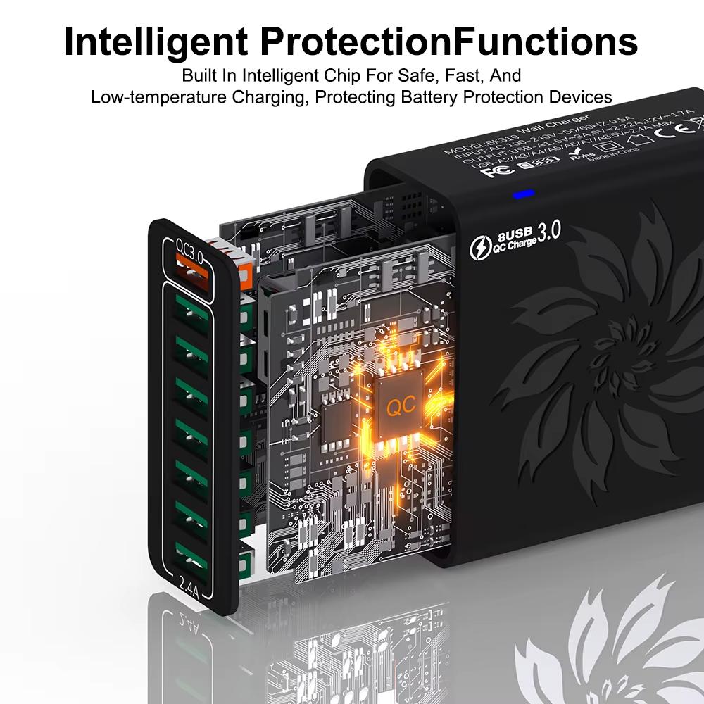 65W 8 Ports USB Charger QC Fast Charging EU/US/KR/UK Plug Fast Charger Power Adapter For iPhone 15 Xiaomi Samsung Wall Charger