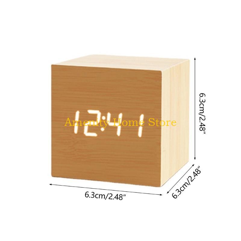 F26C Wood Cube Voice Control  Led Alarm Clock Decorative Clock Ornaments Art Crafts Supplies for Home Bedroom Dormitory