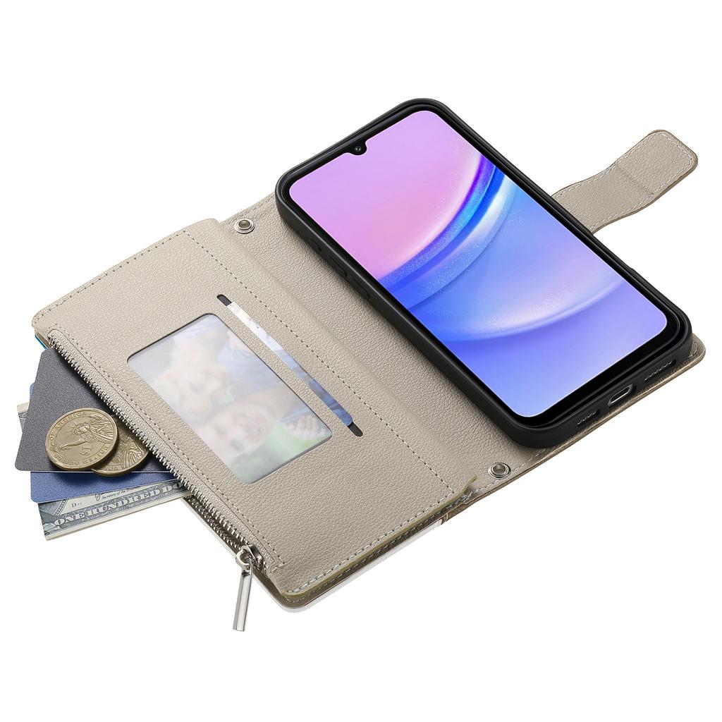 For Samsung Galaxy A05 4G Case Zipper Wallet Color Splicing Leather Flip Phone Cover with Straps