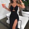Women Chain Strap Solid Color Sexy Cut Out Thigh High Split Party Dress Elegant Bodycon Clubwear Evening Gown