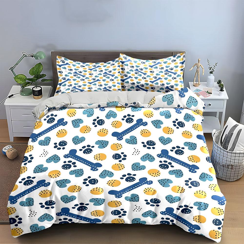 Dog Bones and Paw Prints Pattern Bedding Duvet Cover Set Duvet Cover Pillowcases (1*Duvet Cover 2*Pillowcases, without duvet insert)