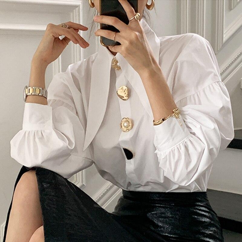 Chic Button Cotton White Shirt Women Spring Casual Office Lady Women Blosues Loose Lantern Long Sleeve Shirts Tops Blusas 15631