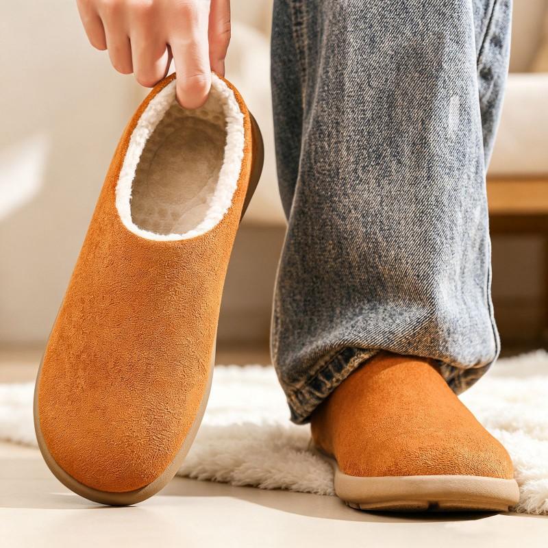 Winter Fuzzy Slippers Men Closed Toe Flat Mules Warm Plush House Shoes Non-Slip PVC Sole Size 39-44