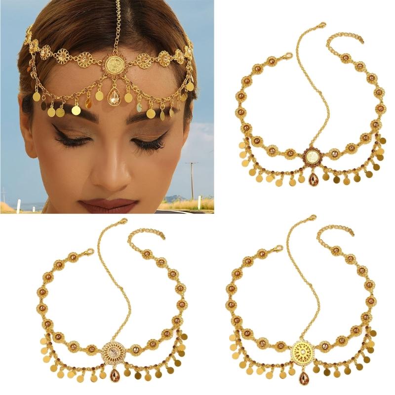 Индийская свадебная головная цепочка Золотистого цвета с монетными кисточками Стразы Головной убор для женщин Свадебные аксессуары Повседневная носка