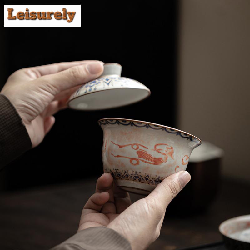 170ml Imitation Song Ru Kiln Gaiwan Elegant Dunhuang Apsaras Tea Tureen Tea Brewing Cover Bowl Tea Ceremony Supplies Ornaments