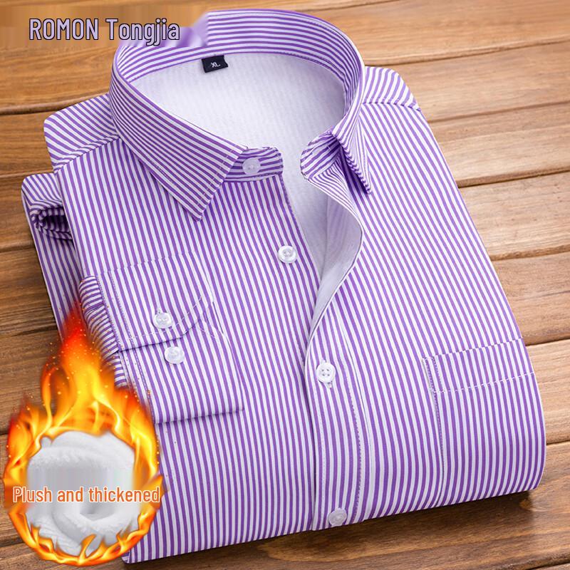 ROMON Men's Fleece-Lined Striped Long-Sleeve Business Casual Shirt