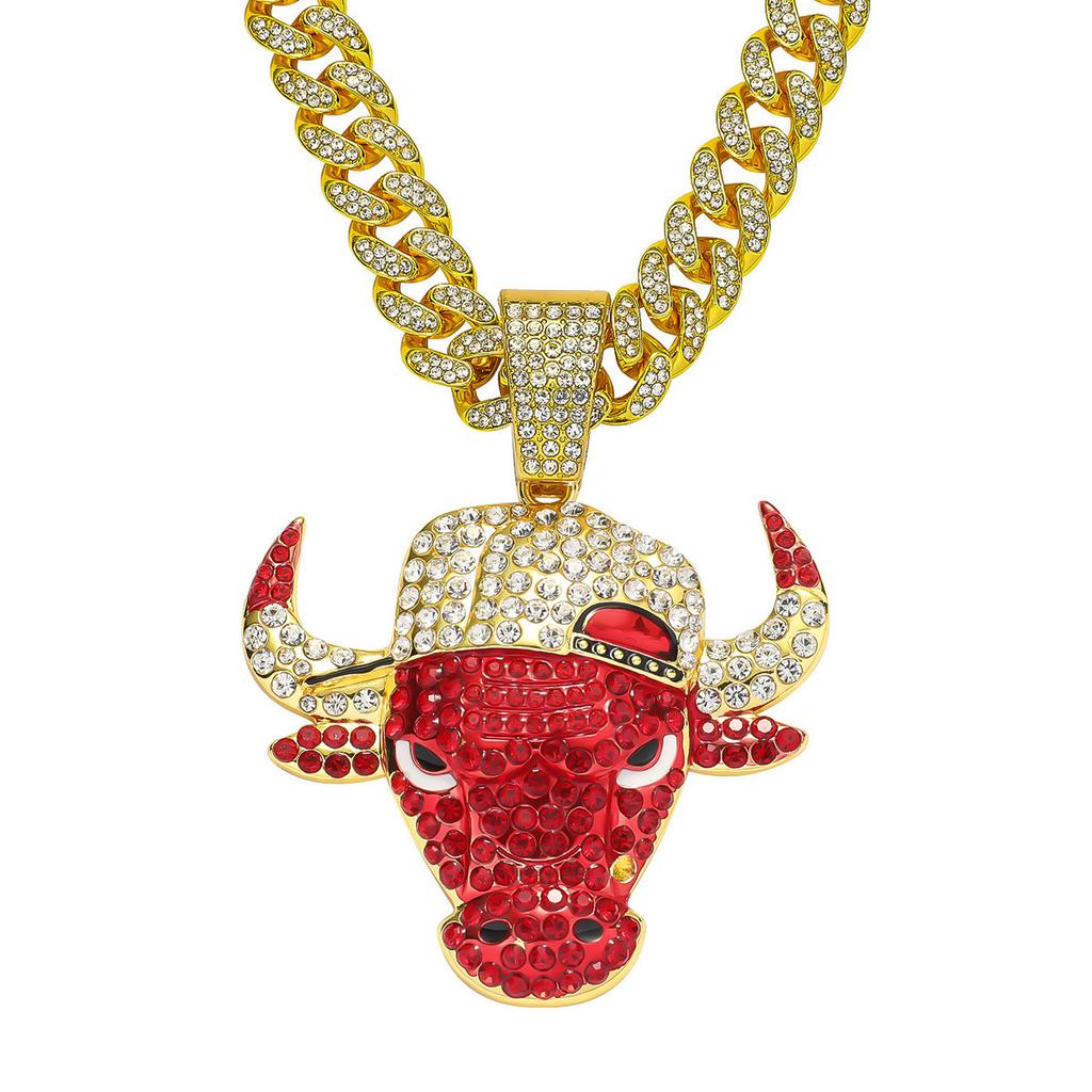 Full Diamond Red Bullhead Cuban Chain, Pendant Accessories Domineering Personality Punk Men's Necklace Decorative Pendant