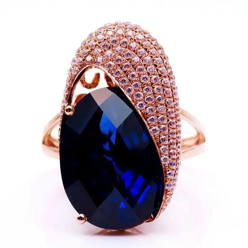 Блестящие Преувеличенные Эллиптические Кольца для Помолвки с Кристаллами Сапфира для Женщин с Покрытием из Розового Золота, Шармы, Панк-Стиль, Роскошный Циркон