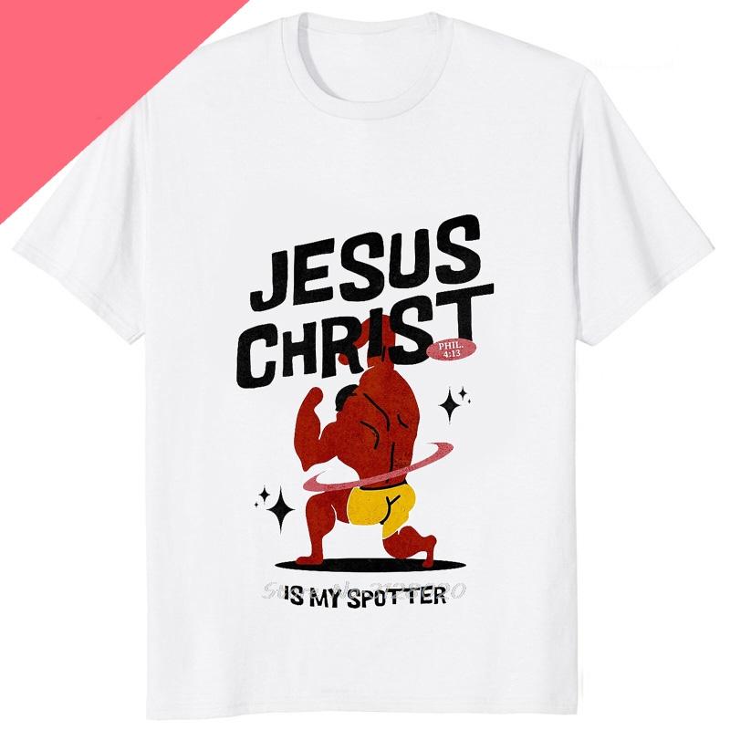 Funny Jesus Is My Spotter Printed Graphic Cotton Men Tshirt Humor Weight Lifting GYM TShirt Casual Fashion Streetwear Male Tees