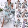 Floral Print Long Sleeve Chiffon Boho Dress Fashion Split Maxi Dress Women Boho Holiday Beach Party Casual Long Dress