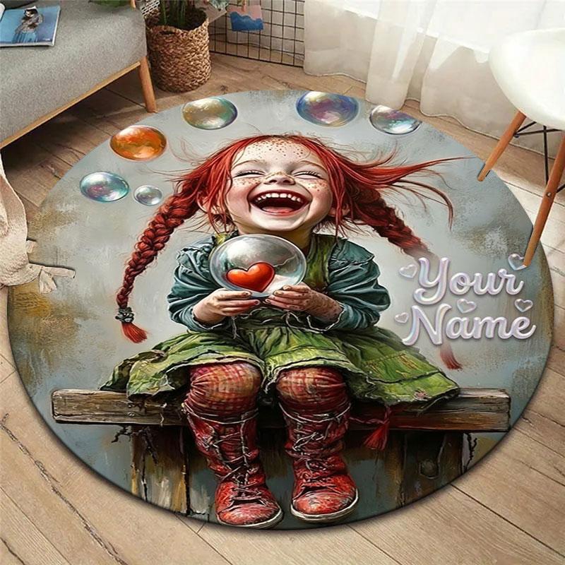 Pippi Longstocking Custom Name Round Area Rug,Carpet Rug for Living Room Bedroom Sofa Playroom Decor,Non-slip Floor Mat