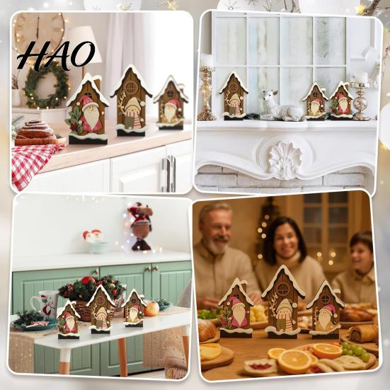 Rustic Forest Elf Ornament 3PCS Christmas Log Cabin Ornaments, Wooden Village House with Holiday Table Centerpiece Design, Winter Decor for Fireplace