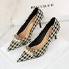 European and American Thin Heel Shallow Mouth Pointed Cloth Plaid Thousand Bird Check Metal Chain Pearl High Heel Shoes