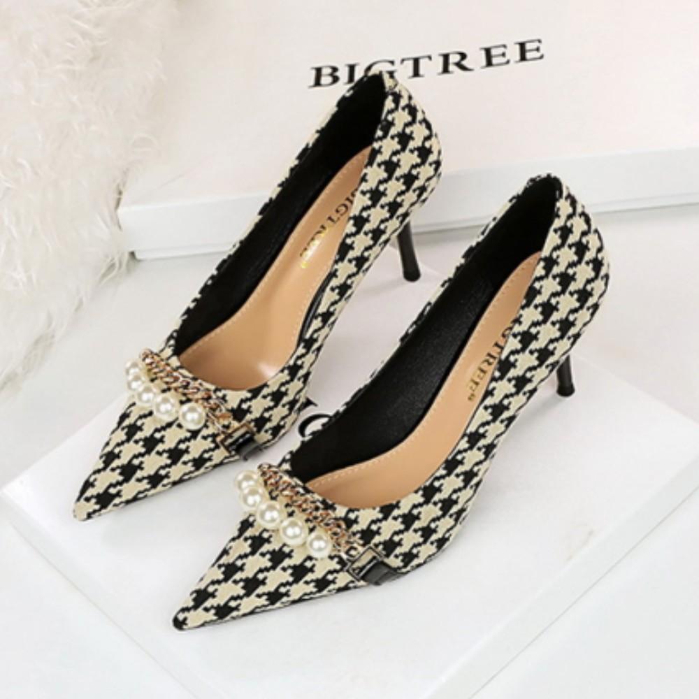 European and American Thin Heel Shallow Mouth Pointed Cloth Plaid Thousand Bird Check Metal Chain Pearl High Heel Shoes
