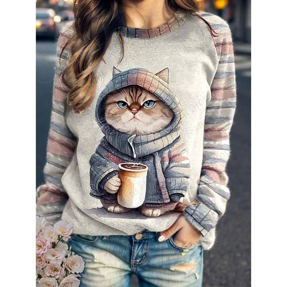 Толстовка с 3D-принтом Coffee Cat Женская мода Круглый вырез Повседневные толстовки с капюшоном Свитшоты с изображением животных и кошек Пальто для девочек Женские толстовки Женская одежда