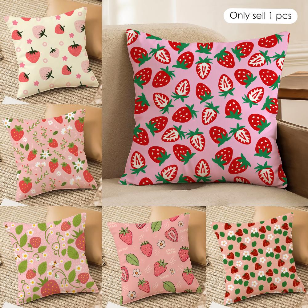 Cute Strawberry girl pink Cushion Cover Silky Short Plush Invisible Zipper Dustproof Sofa Pillow Case for Home Decor