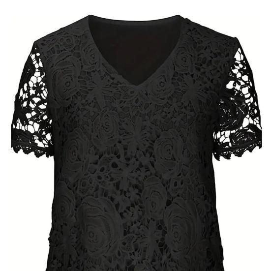 Women T-shirt V-neck Short Sleeve Casual Tee Shirt Hollow Embroidery Lace Pullover Tops Streetwear