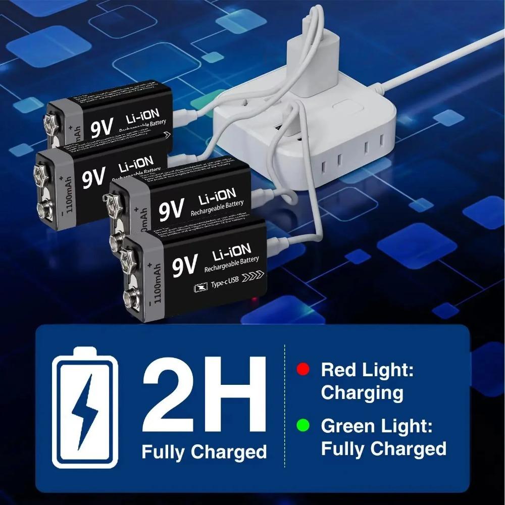 Аккумулятор 9В Перезаряжаемый 1100 мАч USB Type-C 6F22 9В Литий-ионный аккумулятор для Мультиметра, Радиоуправляемых игрушек, Гитарной педали, Микрофона