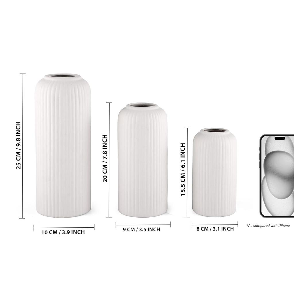 Керамическая 'Белая ваза-флейта' 10 дюймов - Набор из 3 штук | Декоративная ваза-флейта для сухоцветов и пампасной травы | Вазы для домашнего декора Новинка