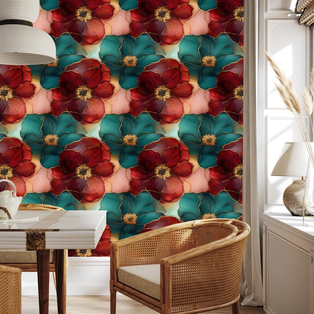 Ink Red, Burgundy and Turquoise Wallpaper for Living Room and Bedroom 50x1000