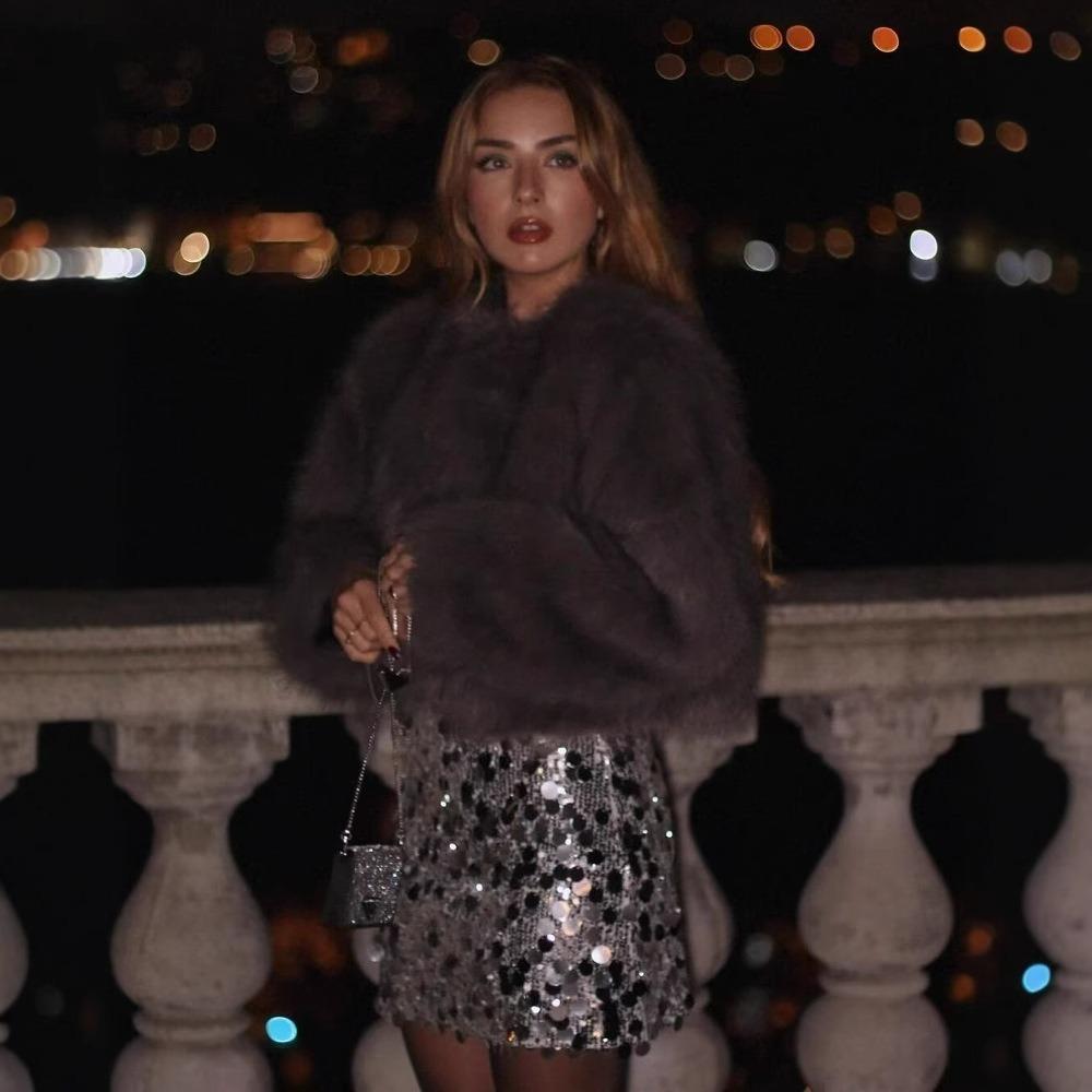 Модная женская куртка из искусственного меха с эффектом искусственного меха, с круглым вырезом и длинными рукавами, короткая